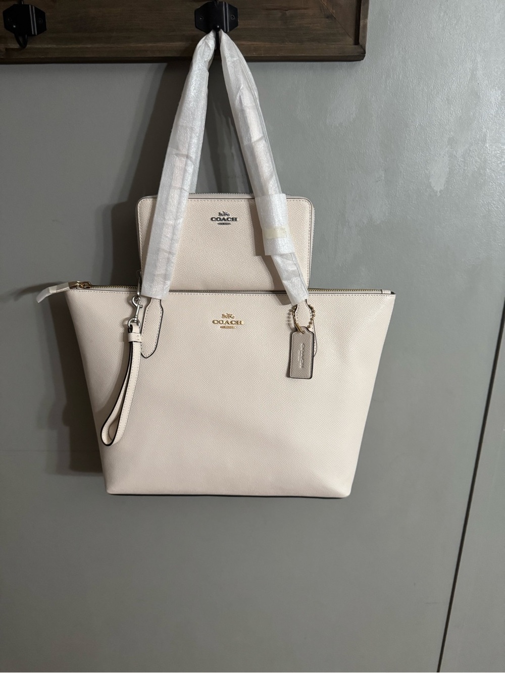 Coach Cream Pebbled Leather Tote with Wristlet and Gold Accents